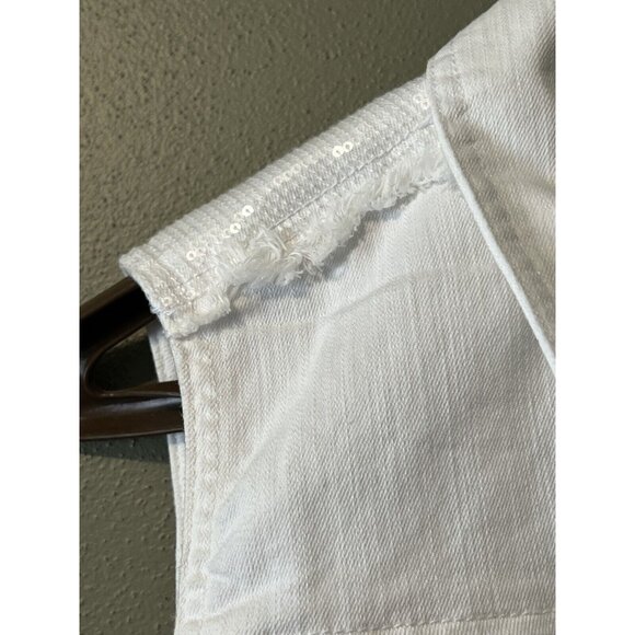 Chico's Platinum Optic White Sequin Frayed Fringe Sleeveless Denim Vest Size 2‎ - Picture 11 of 12